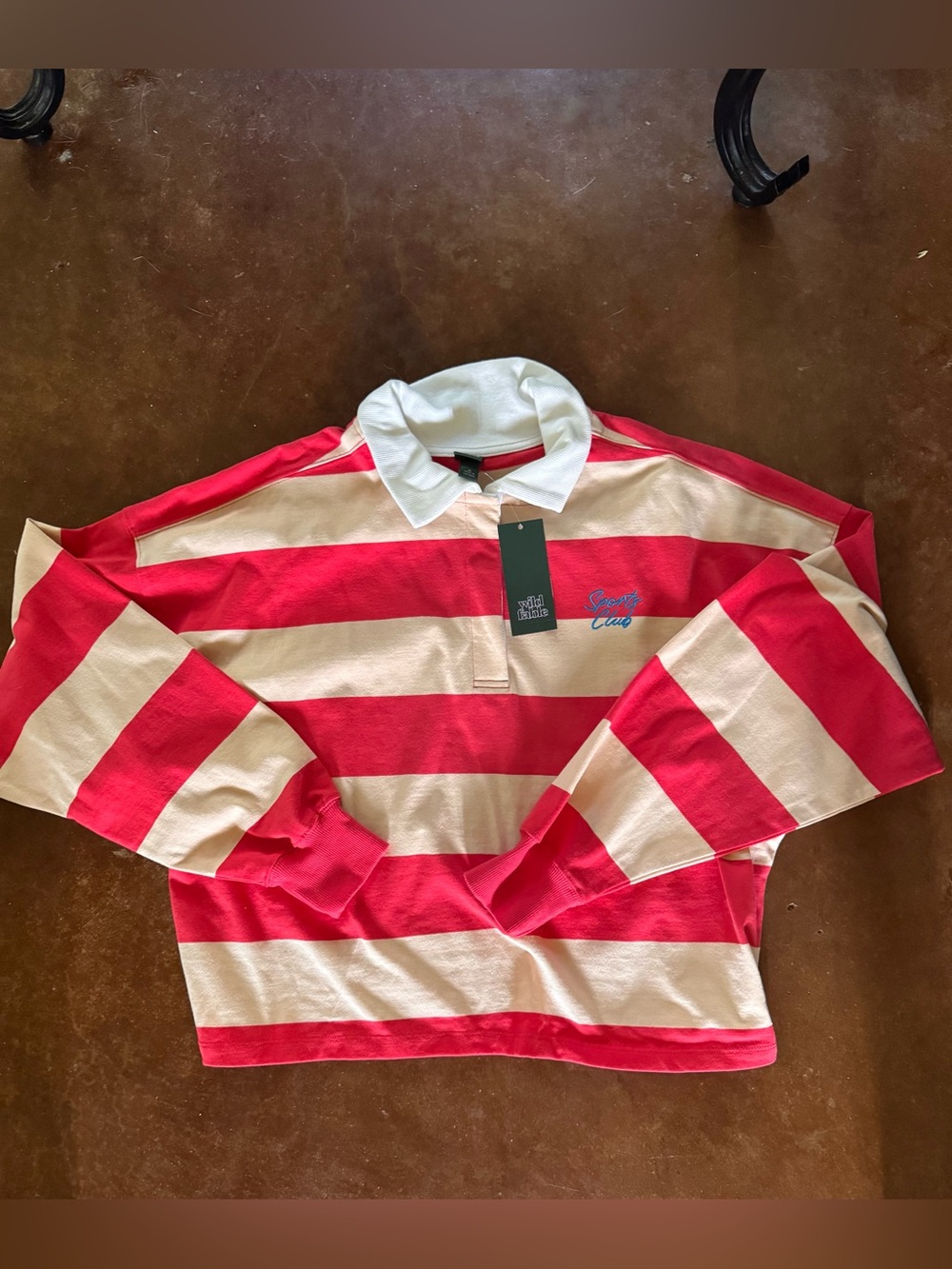 NWT Wild Fable Striped Rugby Polo with White Collar - Pink & Cream